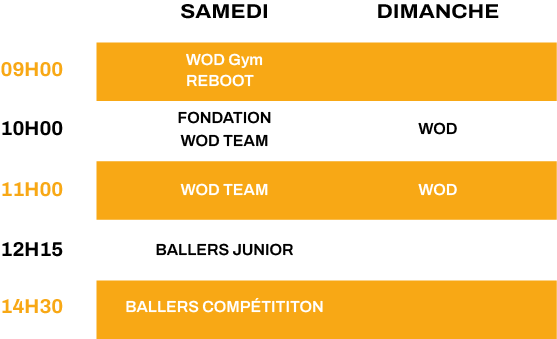 Planning de l'organisation des cours chez CrossFit Ballers du Samedi au Dimanchei de 9H00 à 14h30